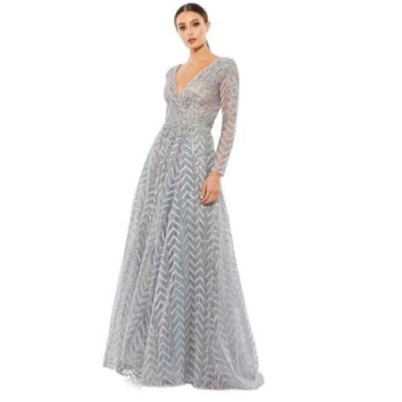 Mac Duggal Dresses & Skirts - Mac Duggal 20189 Silver Embellished Illusion Long Sleeve Wrap Over A Line Gown